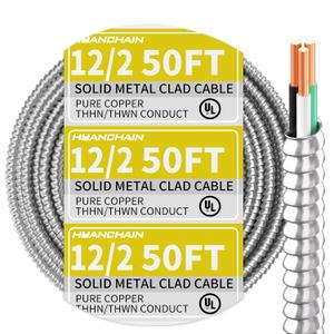 12/2 MC Cable with Ground 50 FT, 12 Gauge 2 Conductors Electrical Wire with Aluminum Armor, Solid Pure Copper Cable for Indoor and Outdoor Underground Installation, UL Listed