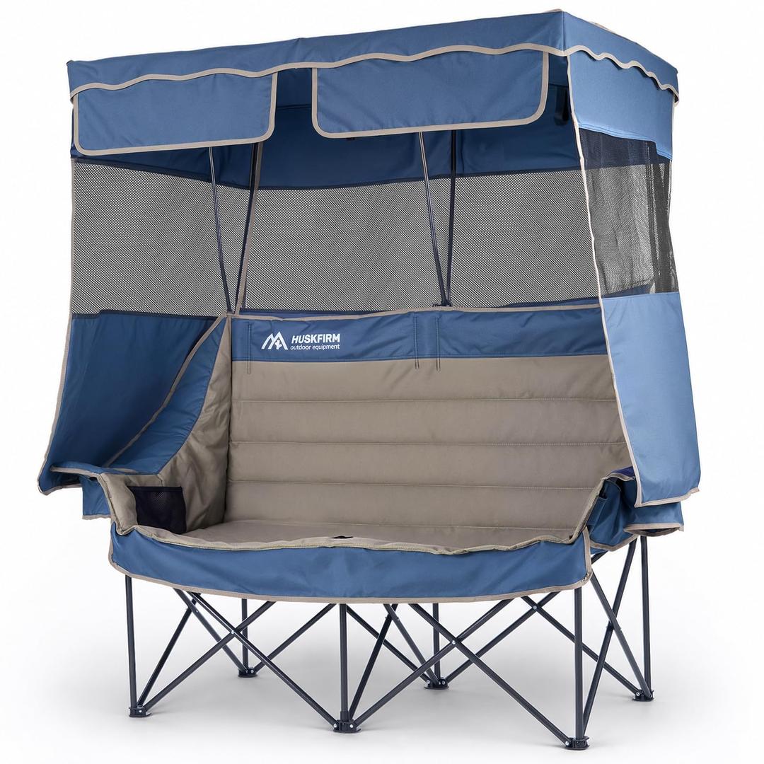 Huskfirm Double Camping Chair with Canopy Shade, Folding Camping Couch Blue
