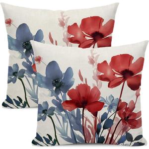 Floral Pillow Covers 18x18 Inches Set of 2 Independence Day Blue Red Floral Throw Pillow Covers Outdoor Rustic Summer Flower Decor Pillowcase Farmhouse Decorative Cushion Cover for Sofa Couch