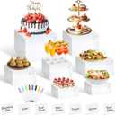 7Pcs White Acrylic Buffet Risers with Mini Sign and Marker, Food Display Risers for Party Catering Dessert Jewelry Collectibles,Acrylic Cube Nesting Boxes with Hollow Bottoms(8" 7.5" 7" 6.8" 6" 5" 5")