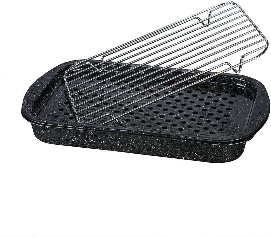 Granite Ware 3 piece multiuse set. Enameled steel bake, broiler pan, and grill with rack. Versatile for oven and direct fire cooking. Resists up to 932F.