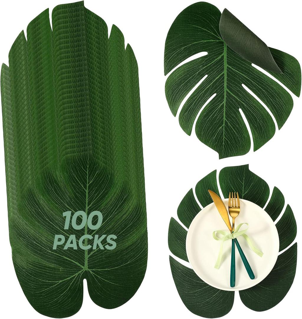 XunYee 100 Pcs Palm Leaf Placemat Bulk 14 Inch Tropical Monstera Green Leaves Mat for Hawaiian Luau Dinner Summer Wedding Safari Jungle Birthday Baby Shower Party Table Centerpieces (Silk)