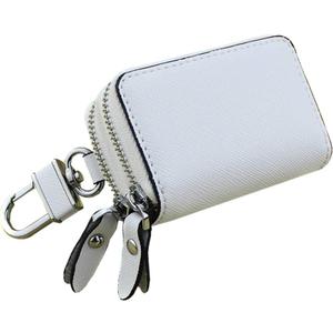 Car Key Case Genuine Leather, Car Keychain Holder with Metal Hook, 2 Sides Pocket Car Key Fob Holder for Women (White Regular)