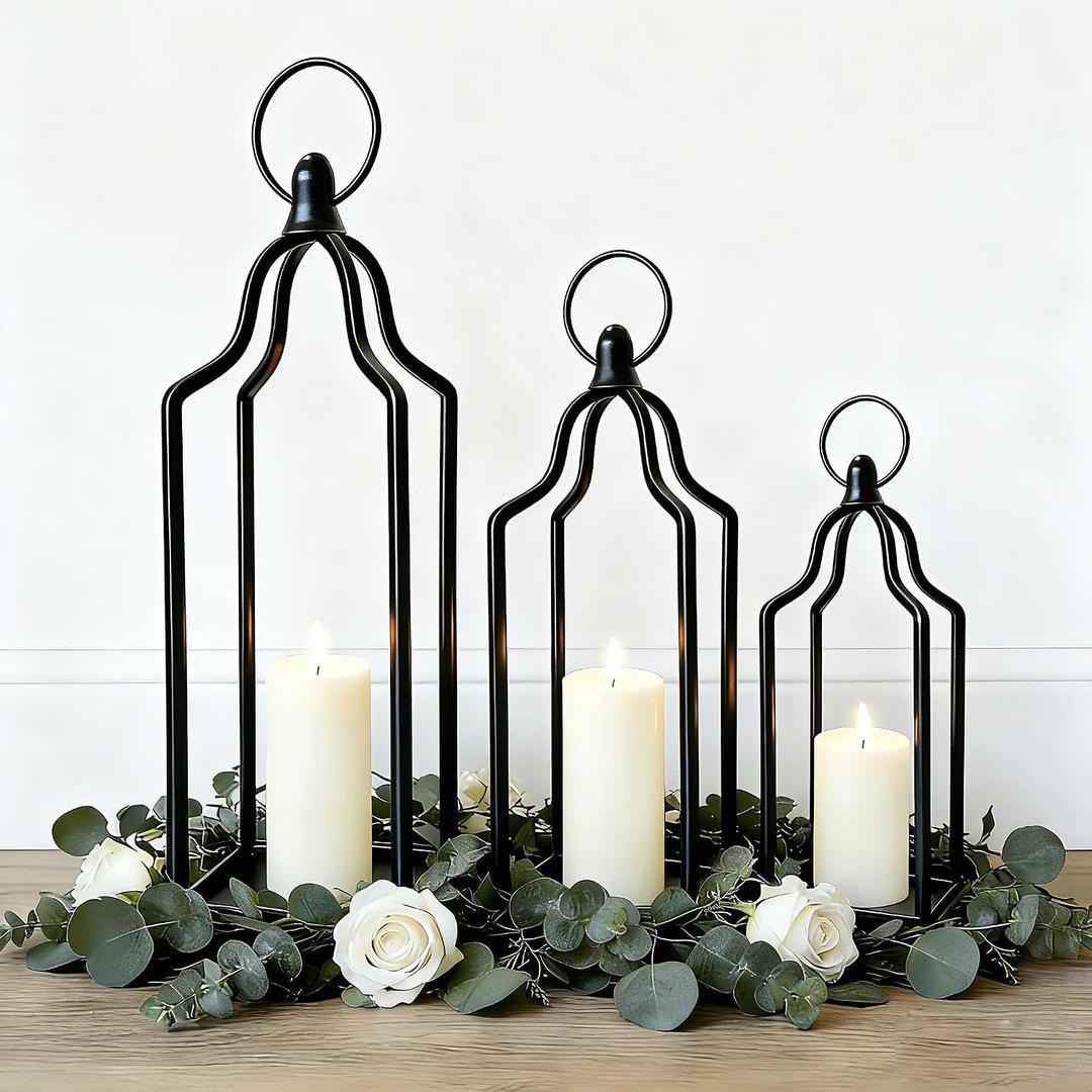 Rustic Farmhouse Decor Metal Lantern Set of 3 Decorative Lanterns for Home Indoor Outdoor Living Room, Fireplace, Patio, Wedding & Kitchen Table Centerpieces (Black, 16.9"+14.5"+12.2")