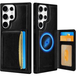 Uppuppy for Samsung Galaxy S25 Ultra Case with Wallet - Fits 4 Card Slots, Compatible with MagSafe for Women Men Leather Credit Card Holder Kickstand Phone Cover for Samsung S25 Ultra, Black