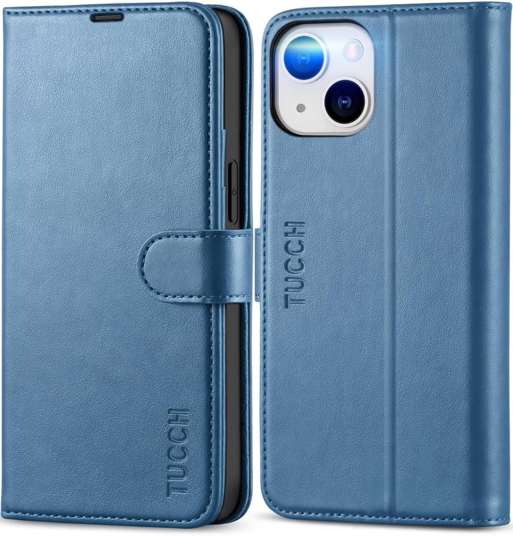 TUCCH Case Wallet for iPhone 13 Mini, with TPU Shockproof Inner Case, PU Leather RFID Blocking Credit Card Slot Magnetic Stand Flip Cover Compatible with iPhone 13 Mini, Lake Blue