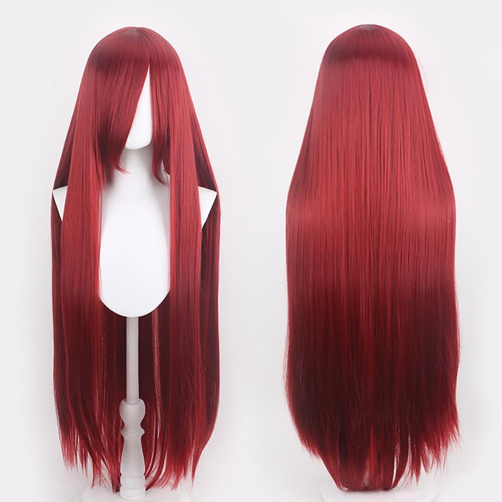 40IN Long Red Straight Wig Anime Fashion Women's Cosplay Role Play Wig with Bangs for Halloween Comics comic con with Free Wig Cap Heat Resistant (Dark red)