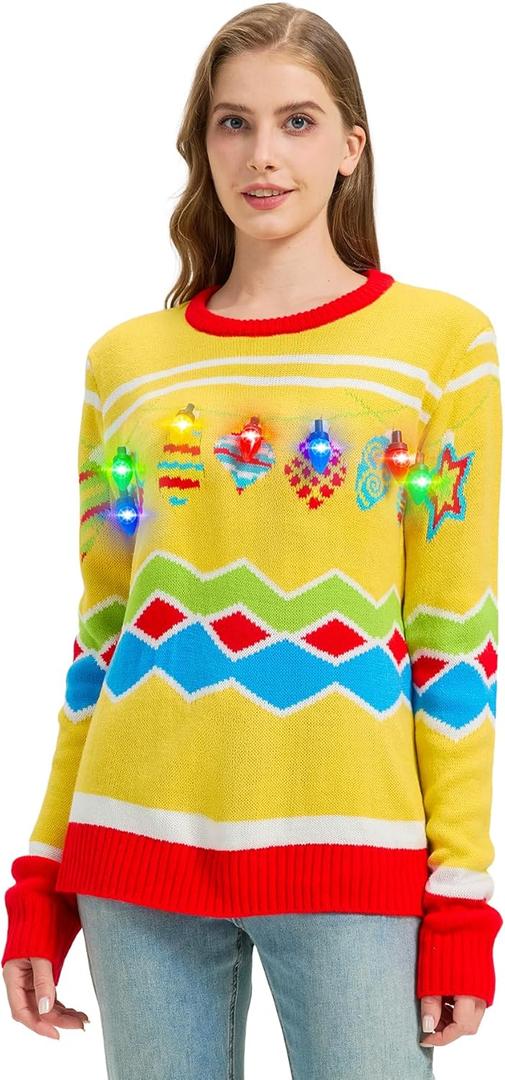 MGparty Ugly Christmas Sweater for Women 2025 Christmas Cute Light Up Sweaters Holiday Party Novelty Funny Pullover (Medium, Yellow)