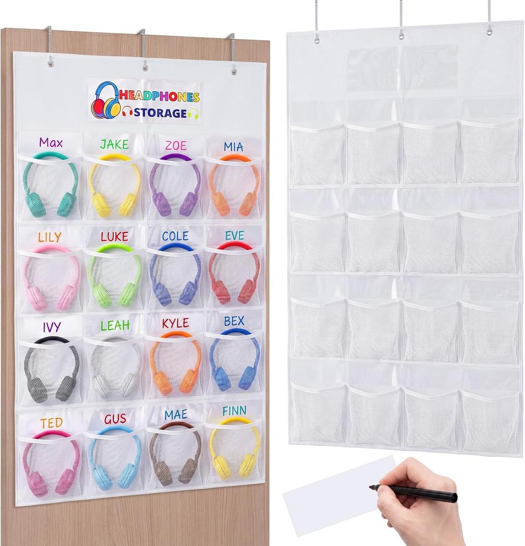 AmazingSpark 1 Pcs 16 Pockets Classroom Headphone Storage Thickened Non-Woven Fabric Mesh Pocket Chart Headphone Organizer with Signature Card Wall Hanging for Classroom School (41 x 25 Inch,White)