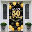 Happy 50th Birthday Decorations for Men & Women, Black Gold 50 Birthday Banner Backdrop, 50 Years Old Party Decor, Fabric Door Decor Yard Sign Photo Booth, Indoor Outdoor Supplies