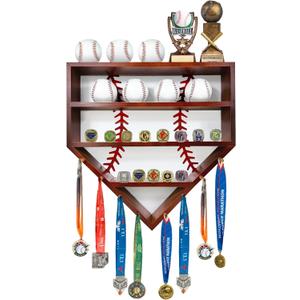Montex Baseball Holder Display Case, Baseball Display Case, Ring Holder Display, Wall Mounted, Extra Space for Medals and Name Tags (Walnut Color)