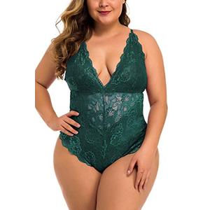 Aranmei Sexy Plus Size Lingerie for Women Snap Crotch Lace Bodysuit Teddy Babydoll Deep V One Piece, Size 2XL
