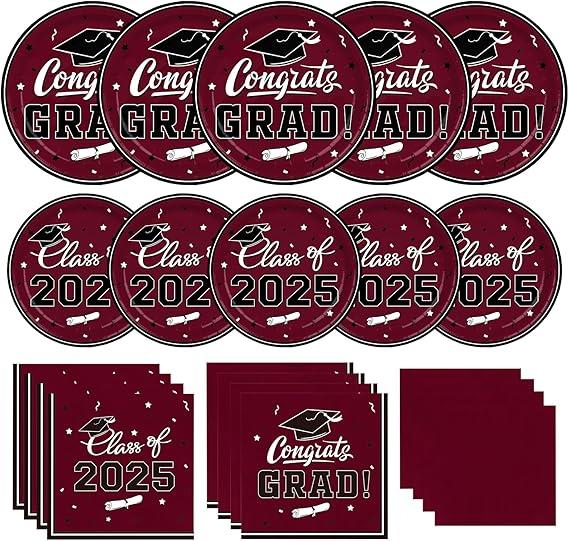 Gatherfun Graduation decorations 2025 Graduation Party Supplies Maroon Disposable Paper Plates Luncheon Napkins Cocktail Napkins for Congrats Grad Party Decorations, Count of 14