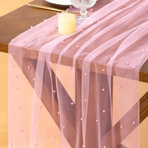 Socomi Pearl Table Runner Tulle Summer Cheesecloth 10FT Gauze Cheese Cloth Sheer Chiffon Wedding Birthday Party Baby Shower Bridal Anniversary Holiday Centerpiece Table Decor 3pcs Pink