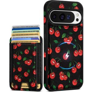 Shorogyt for Google Pixel 9/9Pro Cute Kawaii Leather Phone Case - Compatible with Magsafe Wallet Magnetic Credit Card Holder Fashion Cherry Design Phone Cover for Women Girls, Fits 7 Cards