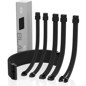 EZDIY-FAB PSU Cable Extension kit Sleeved Cable Custom Power Supply Sleeved Extension 16 AWG 24-PIN 8-PIN 6-PIN 4+4-PIN with Combs- Black