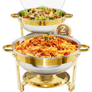 WARMOUNTS Gold Chafing Dishes for Buffet, Stainless Steel Round Chafers and Buffet Warmers Sets with Glass Lid & Lid Holder, Stackable Design, for Catering Events, Parties, Weddings (2, Gold)