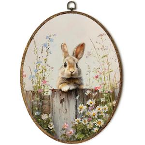 laveliabel Easter Bunny Oval Canvas Art Wall Decor, Rabbit on a Farmhouse Fence Framed Canvas Prints, Spring Bunny Easter Oval Hanging Wall Decor for Home Nursery Playroom, 8.5x11.5 Inches