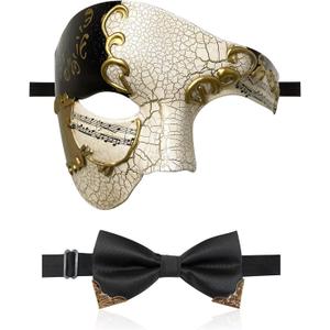 IncreDecor Masquerade Mask for Men Phantom of The Opera Half Face Mask with Bowtie, Venetian Masks for Halloween Party (Black)