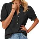 Cicy Bell Womens Puff Sleeve Tops Button Down Shirts Summer Casual Collared V Neck Cotton Blouse (Black, M)