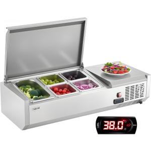 VEVOR Refrigerated Condiment Prep Station, 120W Countertop, One 1/3 Pan and Four 1/6 Pans, 304 Stainless Body, PC Lid, Sandwich Prep Table with Stainless Guard, New Stainless 40 in