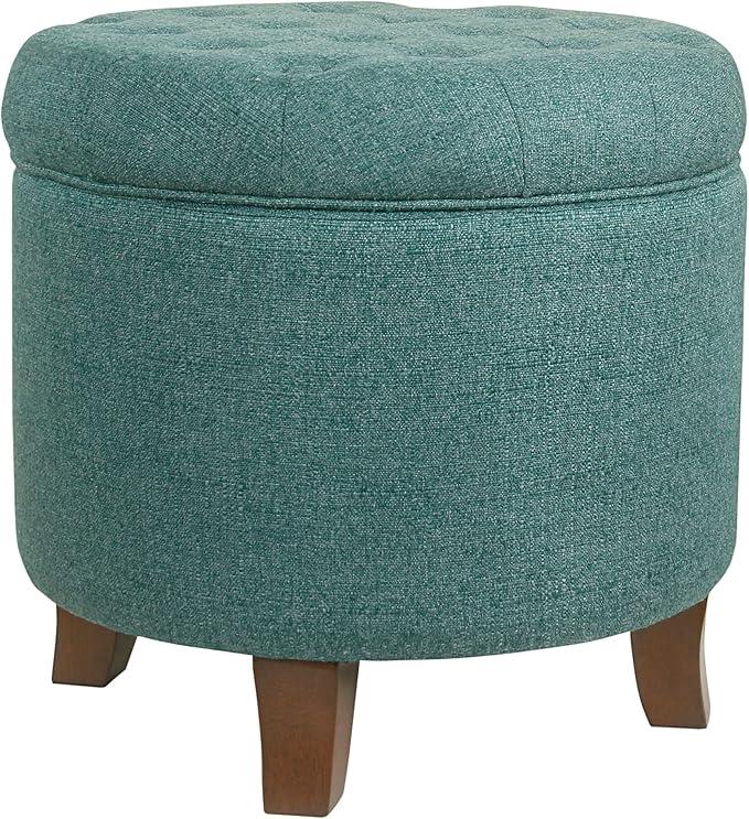 HomePop Home Decor | Upholstered Round Velvet Tufted Foot Rest Ottoman | Ottoman with Storage for Living Room & Bedroom | Decorative Home Furniture, Teal Woven  