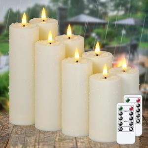 8pcs Waterproof Plastic Flameless 2.2" x4" 4" 5" 5" 6" 6" 7" 7" Flickering Ivory Candles with Remote and Timer, Outdoor LED Battery Operated Warm Light Long Lasting 600 Hrs