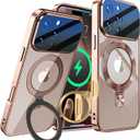 [Full Camera Lens Protection+CD Ring Compatible with MagSafe Stand]Magnetic for iPhone 16 Pro Max Case, Military Grade Drop Protection Electroplated Clear Case for Women Men Girls, Desert Titanium