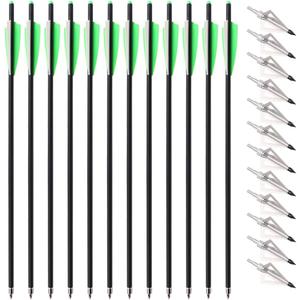 TOPARCHERY 12pcs 20inch Carbon Crossbow Arrows Crossbow Bolts with 4inch Vanes and 12pcs 3 Blades Archery Broadheads 100 Grain Screw-in Arrow Heads Arrow Tips