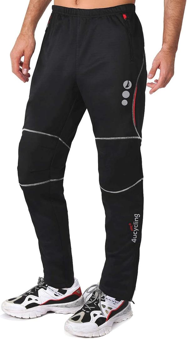 4ucycling Men's Mountain Bike Pants, Thermal Fleece Winter Cycling Windproof Running Pants for Cold Weather Riding Hiking (X-Large, Black&Red)