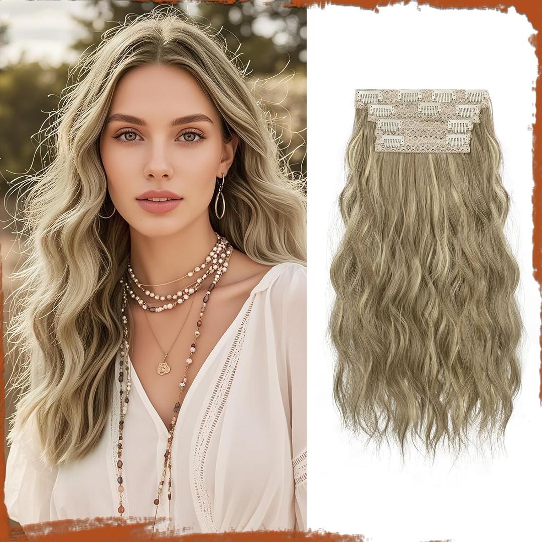 Sofeiyan Caramel Brown Mixed Beige Blonde Hair Extensions 16 inch Clip in Hair Extensions 4PCS Synthetic Fake Hair Soft Natural Hairpiece 140g Curly Thick Blonde Hair Extension for Women