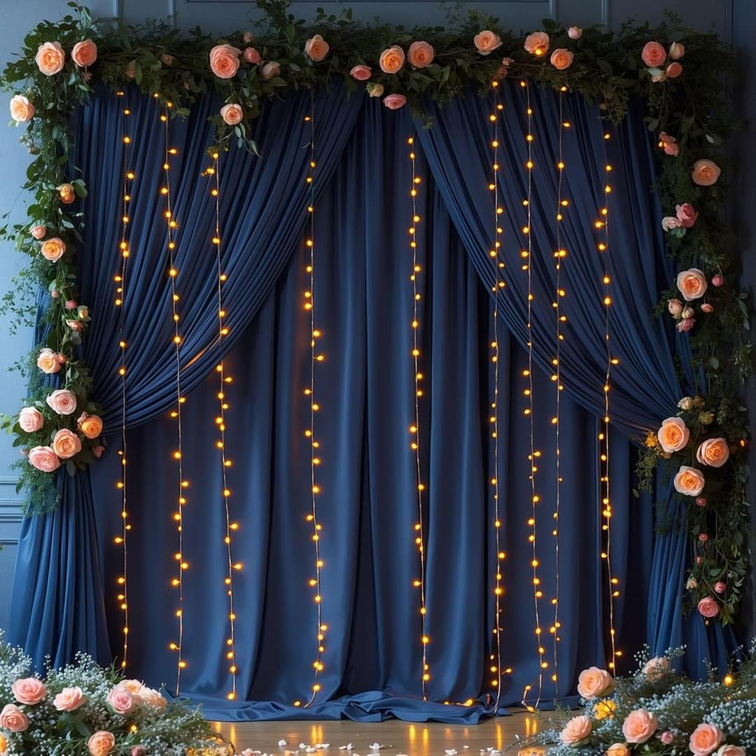 Navy Blue Backdrop Curtains with Lights for Parties,10x10FT Wrinkle Free Wedding Photo Backdrop Curtains for Baby Shower Birthday Graduations Home Party Decorations-5ft x 10ft