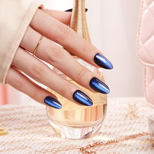 VSALON Press on Nails Short Almond - Blue Cat Eye Chrome Glue On Nails Kit for Women, Reusable Opaque Gel Stick on Nails with Glue & Cuticle Oil - 32 PCS Fake Nails in 16 Sizes (Midnight Tide)