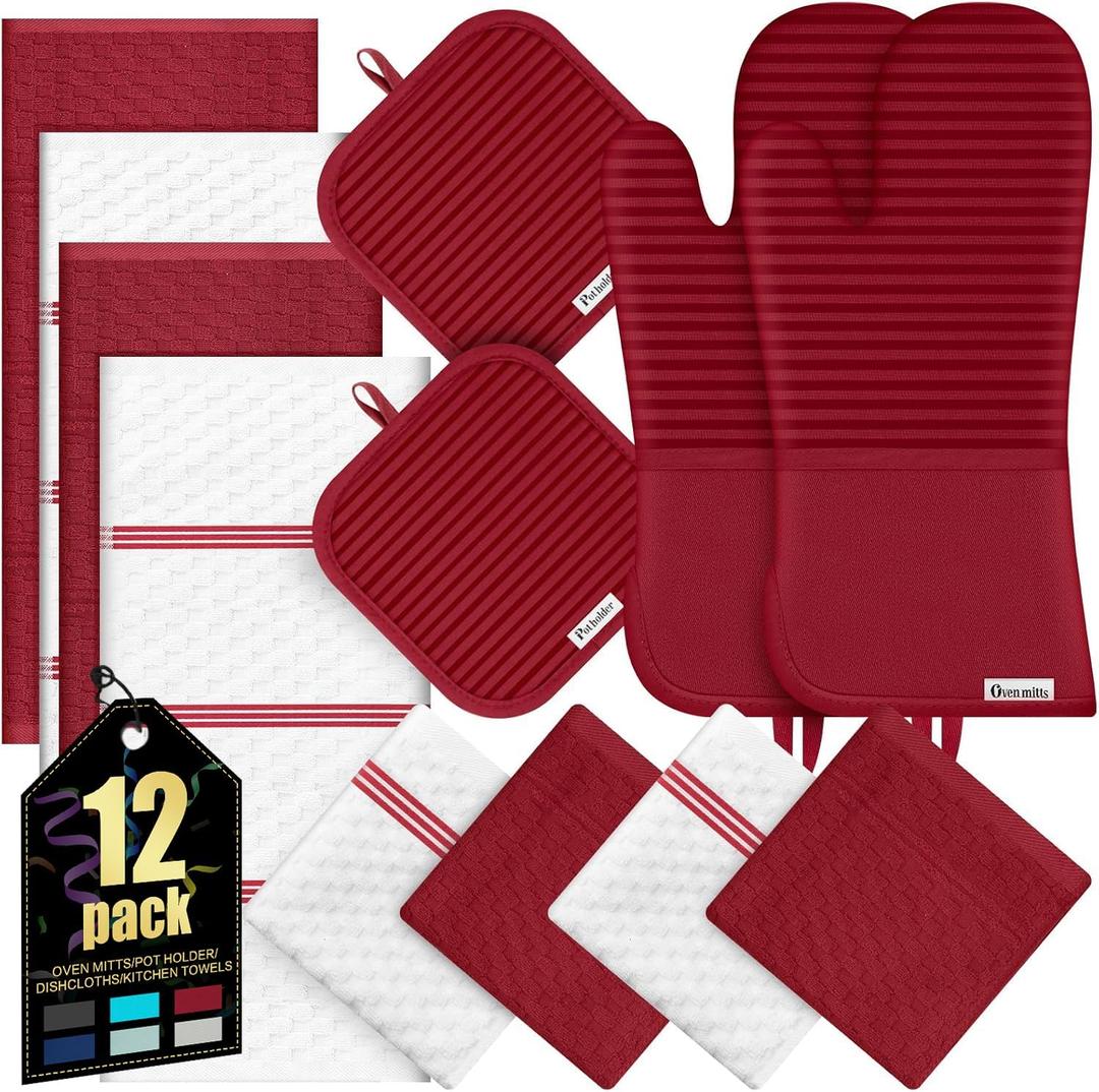Oven Mitts Kitchen Towels and Dishcloths with Pot Holders Sets, Oven Gloves Hot Pads 500F Heat Resistant with Silicone Grip, Include 2 Cooking Gloves/2 Potholders/4 Kitchen Towels/4 Dish Towels-Red