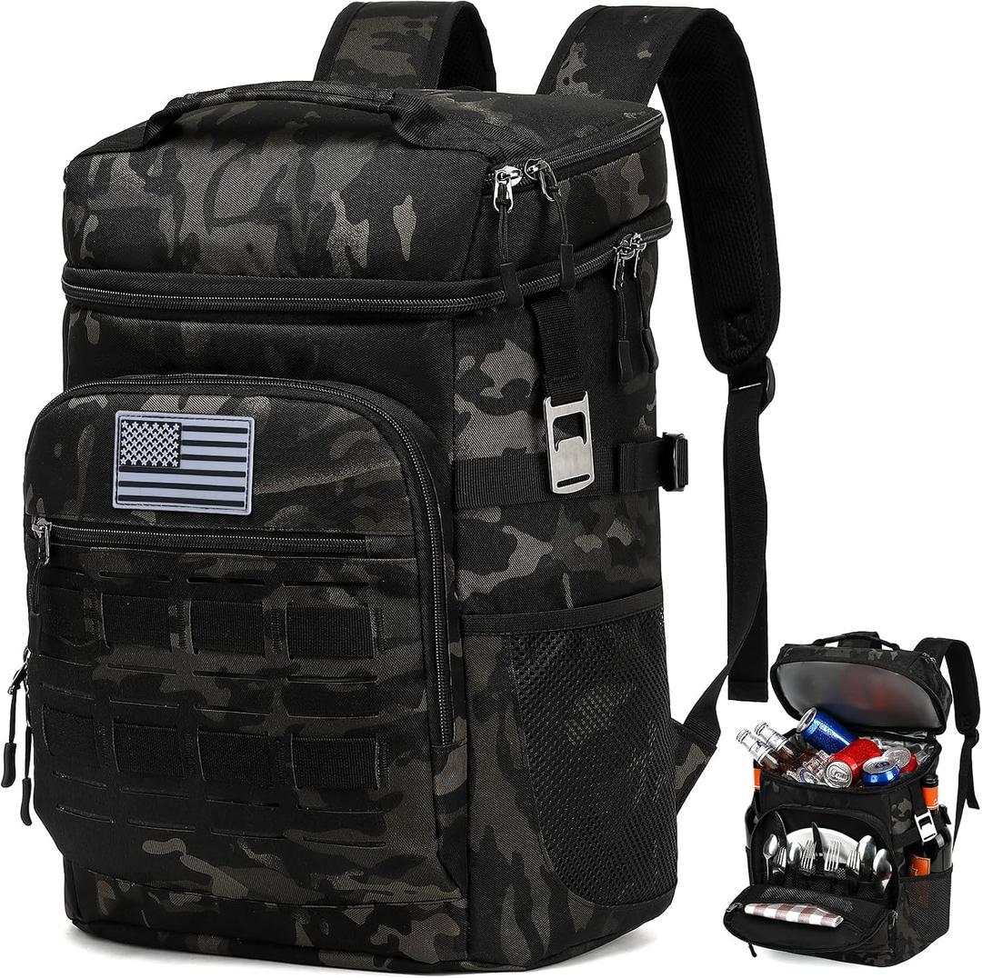 Tactical Cooler Backpack for Men, Double Deck Insulated Cooler Bag 40 Cans, Soft Lunch Backpack with 16H Ice Retention Waterproof Leakproof Picnic Backpack for Work Beach Camping BBQ Hiking