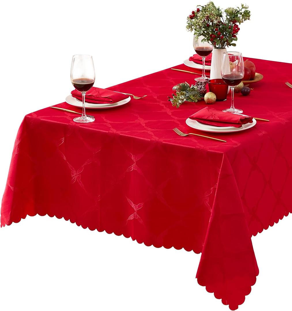 Newbridge Rectangle Tablecloth, 52 x 70 Inch, Ribbons and Bows Damask, Wrinkle and Stain Resistant Fabric Table Cloth, Holiday Red