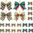Tigeen 24 Pcs Mardi Gras Bow Decorations Mini Mardi Gras Wreath Bows New Orleans Bow for Front Door Tree Ornament Glitter Green Purple Gold Small Wired Bows for Carnival Party Fat Tuesday