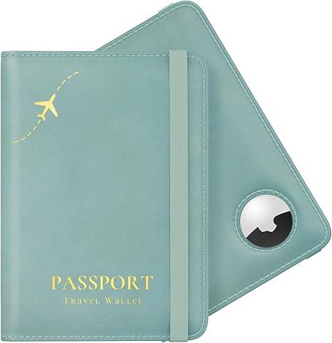Stouchi AirTag Passport Holder, Cute Passport Holder with Airtag Slot, RFID Passport Wallet Cover for Women, Family Leather Passport Protector Case, AntiLost Travel Essentials, Sky Blue