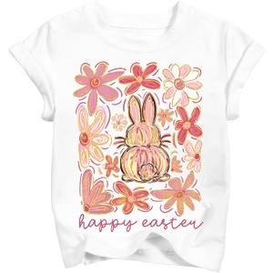 Boys Girls Easter Shirts Toddler Bunny Rabbit Eggs T-Shirt Kids Funny Lettering Graphic Tee Tops 2026 (3T-10T) (White)