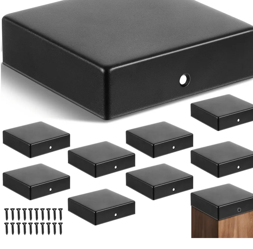 Pelopy 10 Pcs 4 x 4" Flat Pyramid Post Cap for True 3-1/2" x 3-1/2" Wood Posts Black Galvanized Powder Coated Steel Weatherproof Caps Cover for Decks, Porches, or Corridors Mailbox