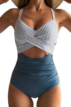 Eomenie Women's One Piece Swimsuits Tummy Control Cutout High Waisted Bathing Suit Wrap Tie Back 1 Piece Swimsuit, M, Blue Striped