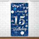 15th Birthday Decorations for Boys Girls Happy 15th Birthday Banner Large Size Blue Silver Birthday Backdrop Banner for 15 Years Old Anniversary Birthday Party Photo Prop Booth Background Deco
