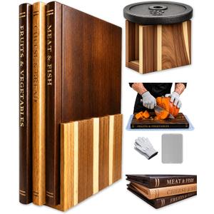 Acacia Wood Book Cutting Board Set with Stand, Wooden Cutting Boards That Look Like Books for Hands-Free Recipe Viewing, Beginner Cooking, Breakfast Prep, Family Meals & Housewarming Gift