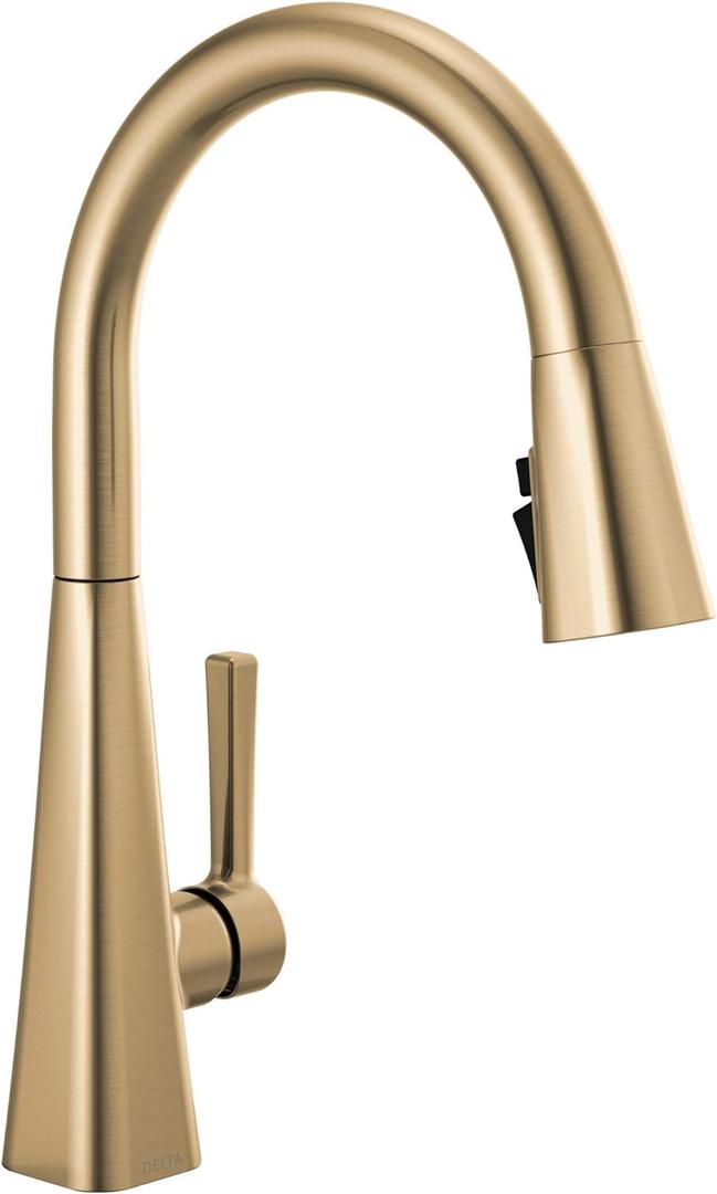 Delta Lenta Brushed Gold Kitchen Faucet with Pull Down Sprayer, Modern Brushed Gold Single Hole Kitchen Sink Faucet, Single Handle, Champagne Bronze 19802Z-CZ-DST