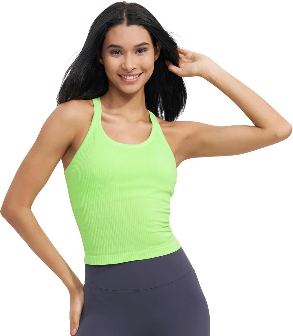 Ribbed Workout Short Racerback Tank Tops for Women with Built in Bra, Glow-Green, Medium