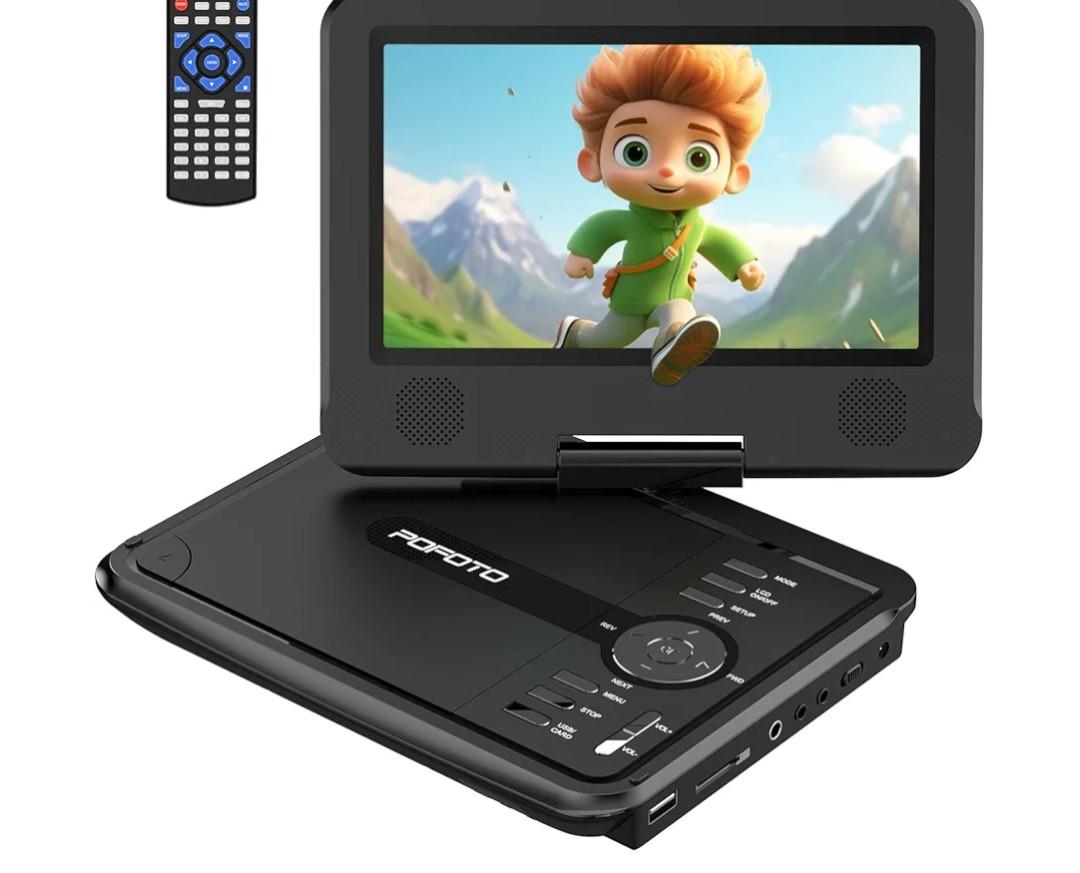 POFOTO 9.5" Portable DVD Player for Kids and Car with 7.5" Swivel Screen, 4-6 Hour Working Time, Car DVD Player with Dual Speakers, Remote Control, Support Sync TV, Region Free USB/SD/AV- Black