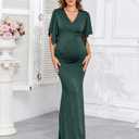 CYCLAMEN Maxi Maternity Dress Sparkly Baby Shower Semi Formal Wedding Guest V-Neck Handkerchief Sleeves Elegant Pregnancy, Sparkly Dark Peacock Blue, L