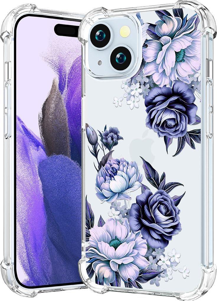 Compatible with iPhone 15 Plus Case Clear Cute for Women - Rugged Phone Cases Funda Protector Cover Skin (Blue Peony Roses Floral)