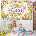 Happy Easter Decorations Banner Watercolor Painting Bunny Colorful Eggs Easter Photography Backdrop Spring Egg Hunt Party Decorations Banner(7x5FT210x150cm)