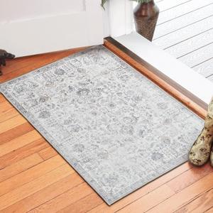 COLLACT 2x3 Washable Entryway Distressed Grey Floral Vintage Accent Non Slip Retro Farmhouse Boho Low Pile Small Rug for Entryway Kitchen Bathroom Doorway Bedroom